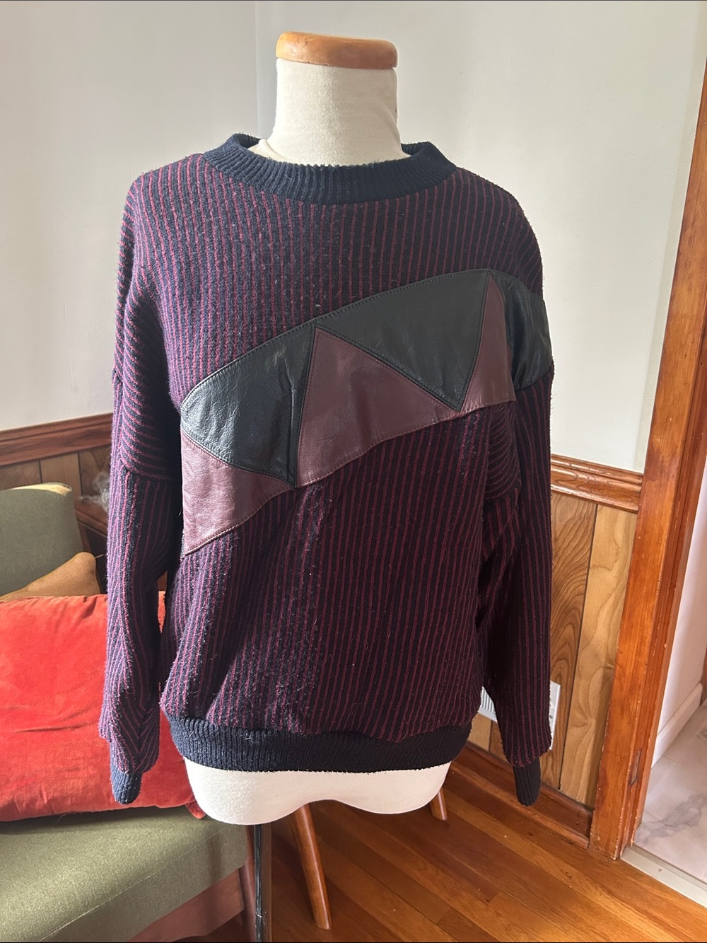 Men's Ribbed Crewneck Sweater in Burgundy and Black